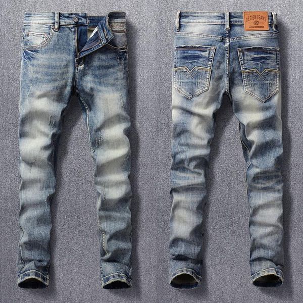 

men's jeans european american fashion men retro blue elastic slim ripped vintage designer casual denim pants