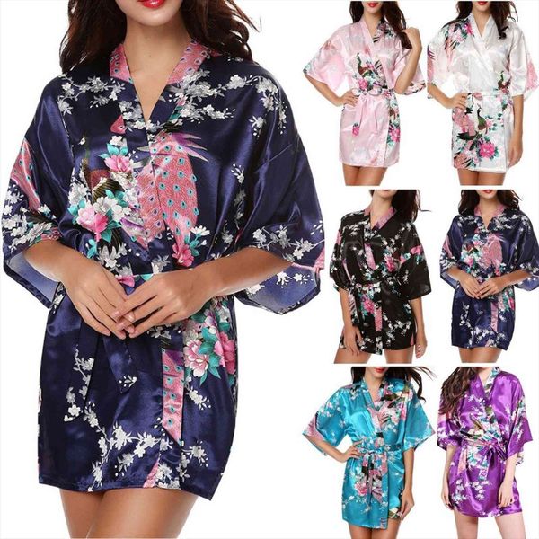 

silk satin kimono robe women sleepwear dressing bridesmaid wedding gown bathrobe, Black;red