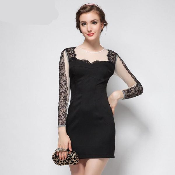 

casual dresses 2021 spring bodycon mesh patchwork lace sheath dress women vintage black long sleeve o neck office elegant party, Black;gray