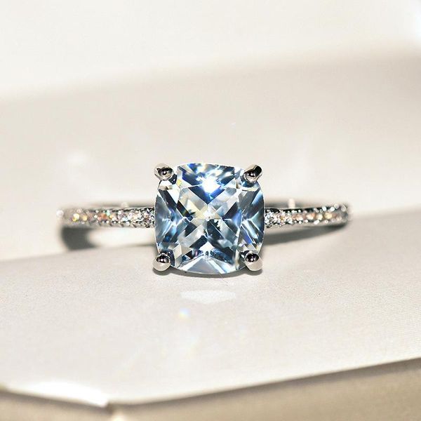 

cluster rings blue square cut four women ring vintage design gracious lady luxury inlaid zircon female jewelry wedding, Golden;silver
