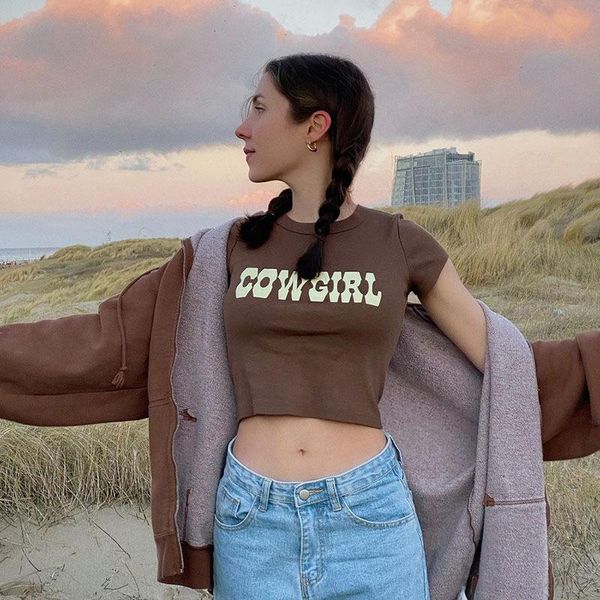 

women's t-shirt 2021 vintage letter print crop women casual short sleeve cotton pullover tees summer slim streetwear woman, White