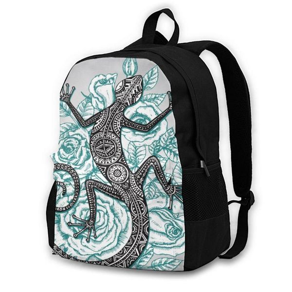 

backpack 2021 women shoulder bag fashion school backpacksethnic tribal lizard with mint roses flowers travel ba