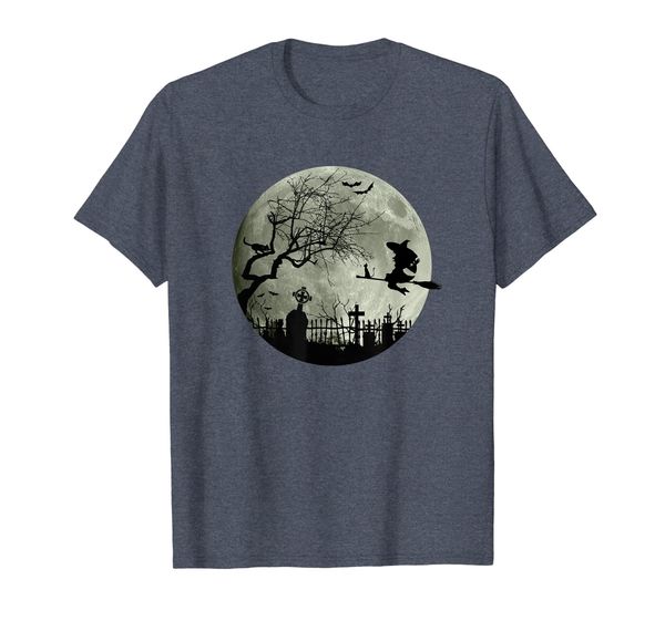 

witch on flying broomstick moonlight black cat bat graveyard t-shirt, White;black