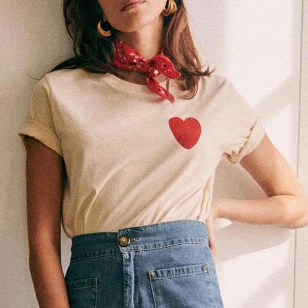 

heart t shirt femme vintage print round collar color cotton 2021 summer casual short sleeve tees women tee women's t-shirt, White