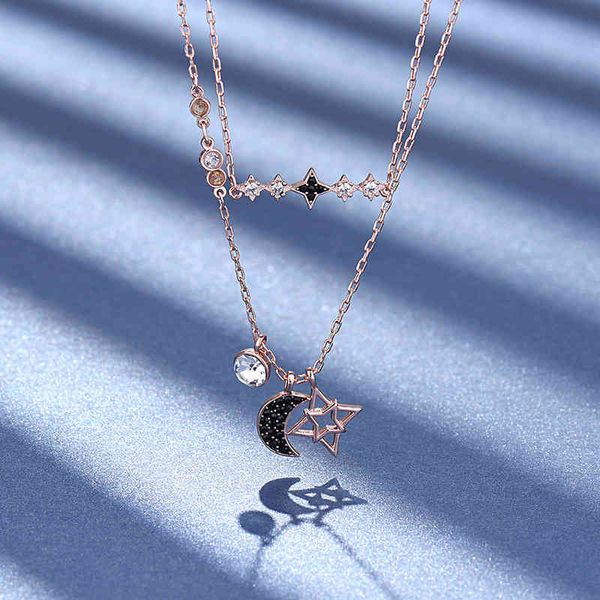 

the new swarovski element necklace female shi family double-layer two in one star moon crystal clavicle chain, Silver
