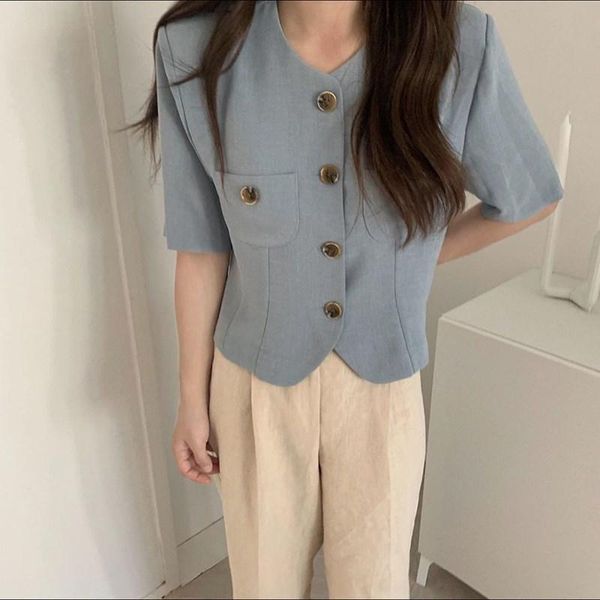 

women's suits & blazers 2021 summer women office short sleeve solid simple femme single breasted loose coat, White;black