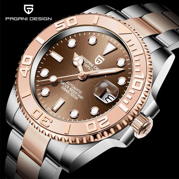 

wristwatches pagani design luxury men mechanical wristwatch brand stainless steel automatic watch sapphire glass waterproof, Slivery;brown