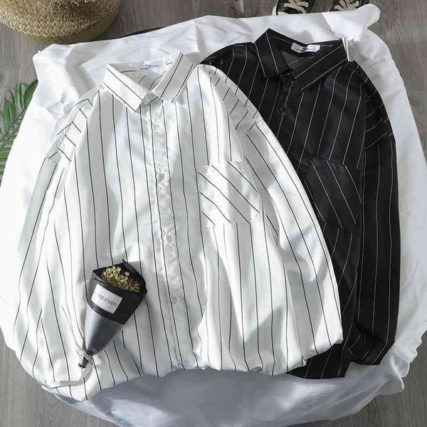 

autumn men's korean fashion long sleeve chic stripe simple shirt, White;black