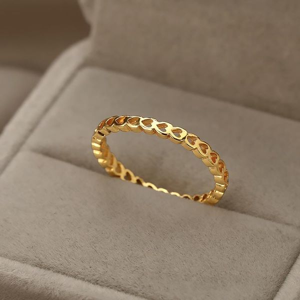

cluster rings hollow heart-shaped for women stainless steel gold heart finger ring girl love wedding christmas jewelry gift, Golden;silver