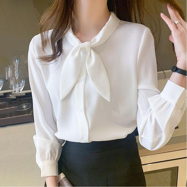 

women's blouses & shirts women blouse white ruffles bow long sleeve chiffon 2021 work wear office ladies shirt