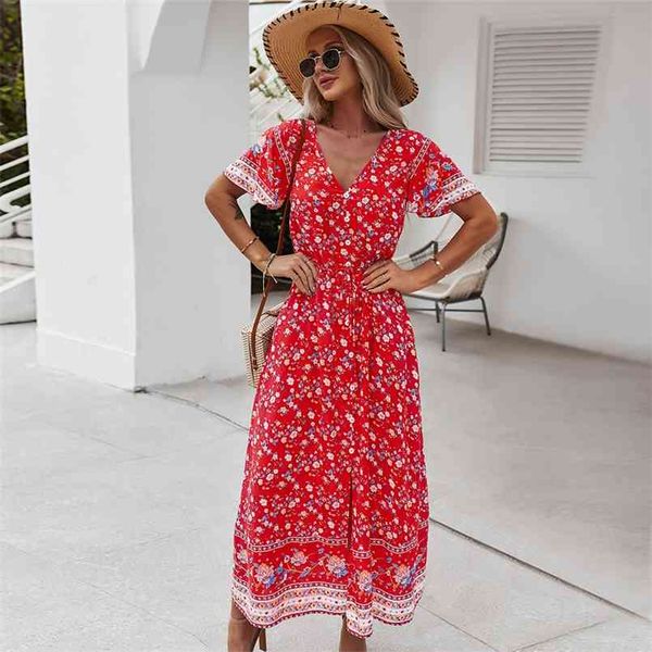 

womens maxi retro dress summer short-sleeved button lace-up flower print dress womens long beach midi vestidos 210508, Black;gray