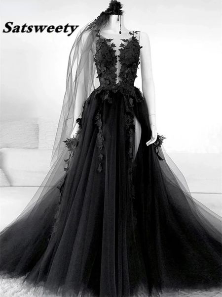 

gothic black prom dresses backless high side split a-line evening dress lace formal party gowns with veil robe de soirÃ©e