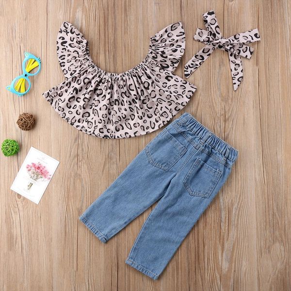 

3pcs kids baby girl outfits leopard off shoulder hole jeans headband clothes, White