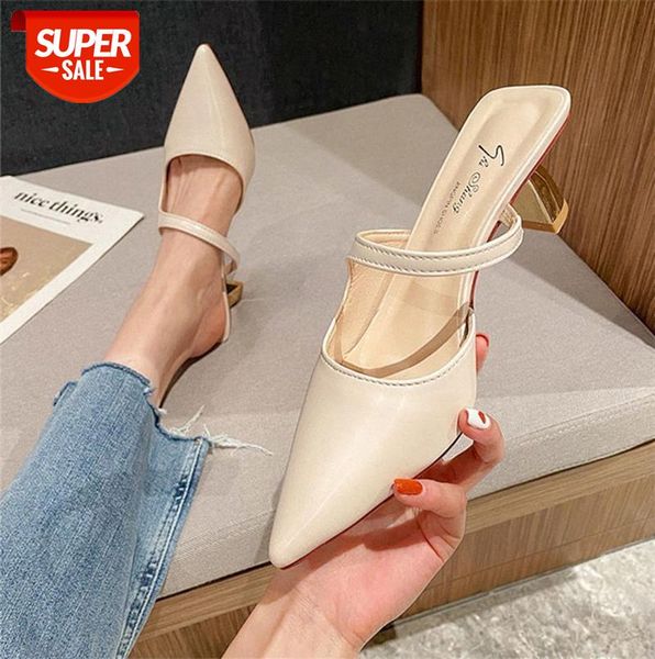 

baotou half slippers women outer wear thin-heeled korean style pointed sandals and slippers, mid-heeled #2g72, Black