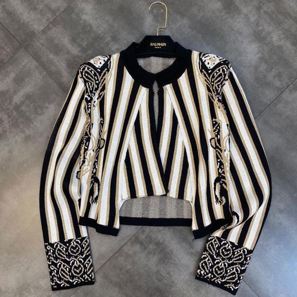 

women's jackets prepomp 2021 fall arrivals stand collar long sleeve striped knitting jacket women coat england style gc461, Black;brown