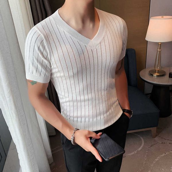 

summer knitted t shirt men short sleeve slim casual v-neck t-shirt solid color ice silk breathable tees streetwear clothes 210527, White;black