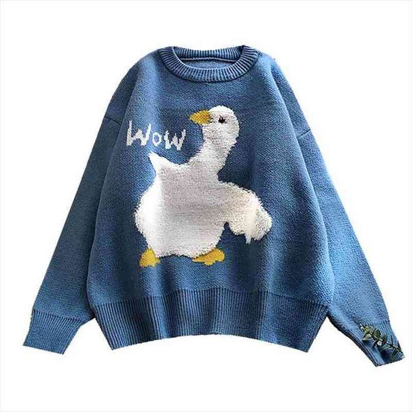 

cartoon duck print knitted sweater women sweet cute loose korean fashion casual o neck long sleeve pullover jumper female pull, White;black