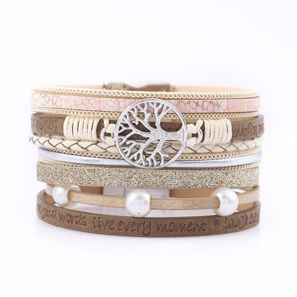 Mulheres Charme Pulseiras Magnéticas Fivela Multi-Camada de Couro NatRual Pérolas Árvore de Vida Charme Bracelete Pulseira Set Presente