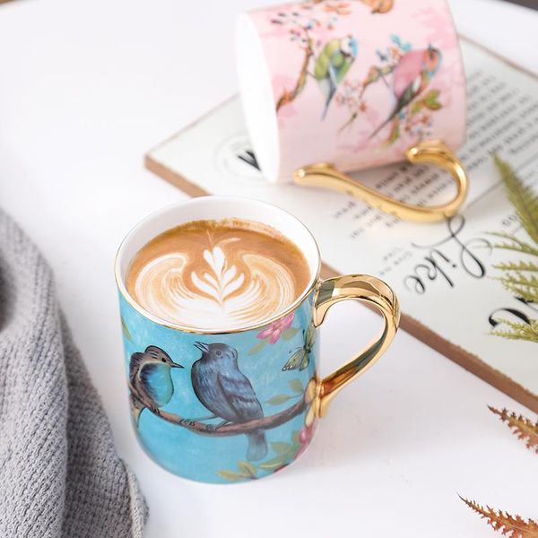 

mugs pastoral 400ml bone china coffee mug cup with lid and spoon ceramic flower bird tea milk couple cups gift box