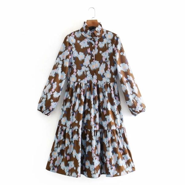 

women halo dyed flower printing stand collar midi dress female long sleeve ruffled hem clothes casual lady loose vestido d6811 210430, Black;gray