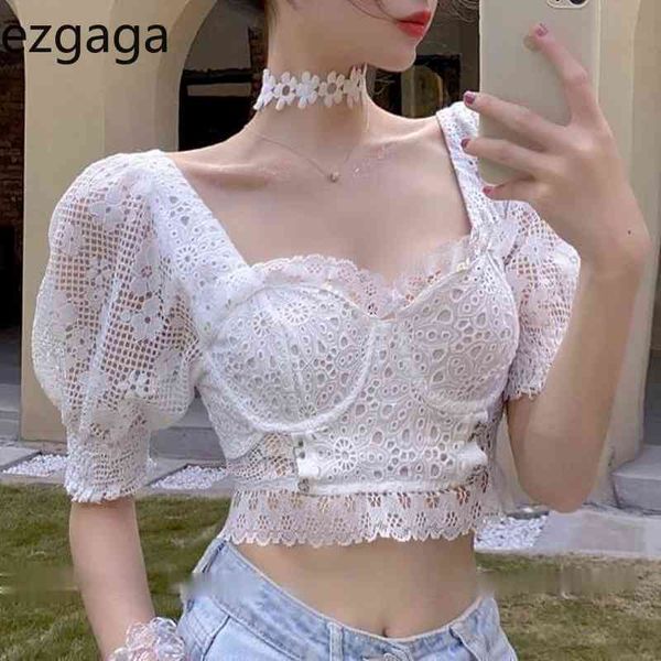 

ezgaga crop women blouse french style lace shirts summer short puff sleeve slim hollow out girl elegant chic fashion 210430, White