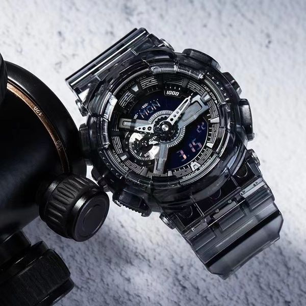 

black transparent 110 quartz digital men's sports watch, waterproof and shockproof world time pu with automatic hand-raising light high, Slivery;brown