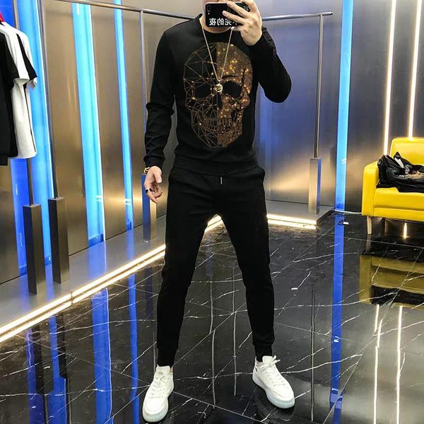 

men's tracksuits skull sets winter track suit cotton sweatshirt + pants 2-pieces/male sportswear loose jogging hoodie, Gray