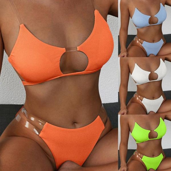 

women's swimwear 80% sell bikini solid color transparent straps bathing suit women hollow out bra briefs two pieces set swimsuit for su, White;black