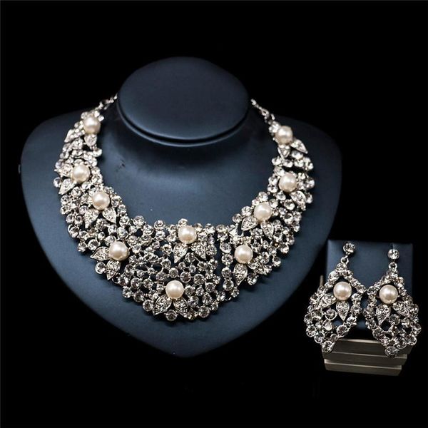 

earrings & necklace charming bride crystal pearls jewelry set rhinestone necklaces fashion luxury costume accessory for women, Silver