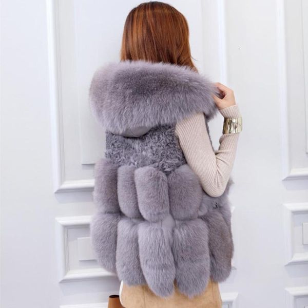 

Women's Fur & Faux Winter fashion hooded jacket vest coat Fake waistcoat female sleeveless patchwork outerwear L1087 POMQ, Black