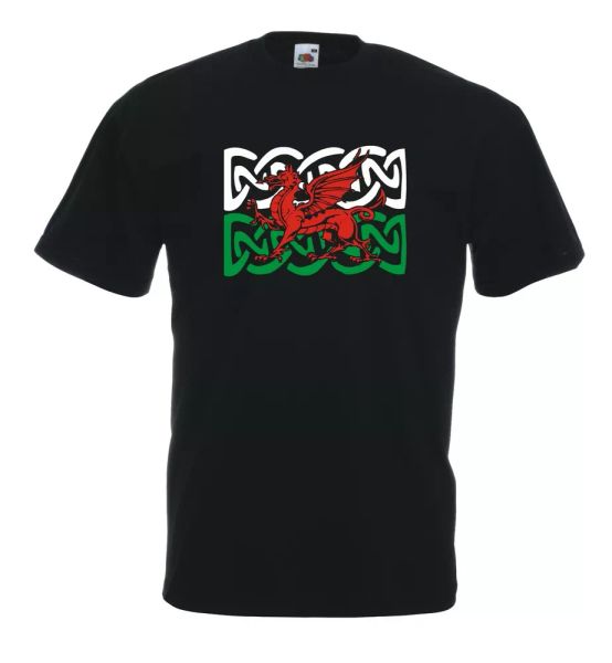

j703 mesh wales flag weave celtic t-shirt welsh cotton 100% fairylands, White;black