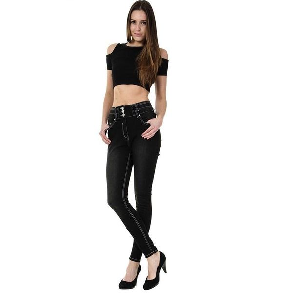 

women's jeans women slim stretch skinny high waist three a row buckle multi-size denim pants female pencil autumn, Blue