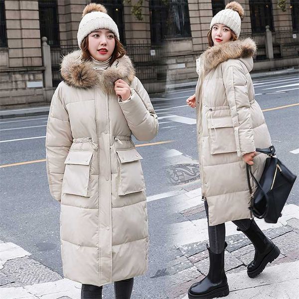 

down cotton jacket women casual self-cultivation mid-length over-the-knee thick coat women's clothing 211018, Black