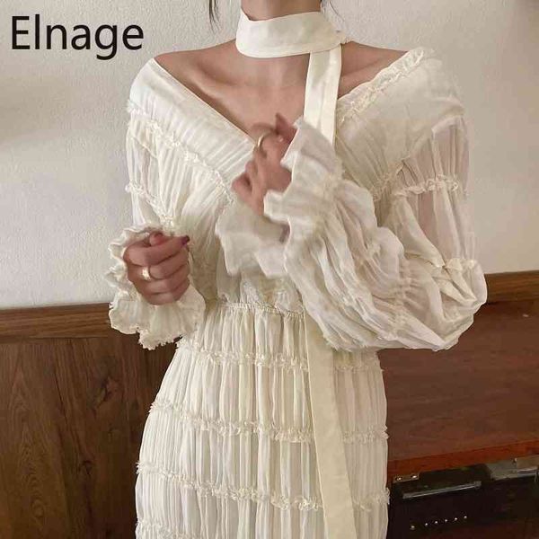 

korean french elegant temperament lace up sweet v neck black long sleeve women dress pleated maxi dresses vestidos spring 5b198 210429, Black;gray