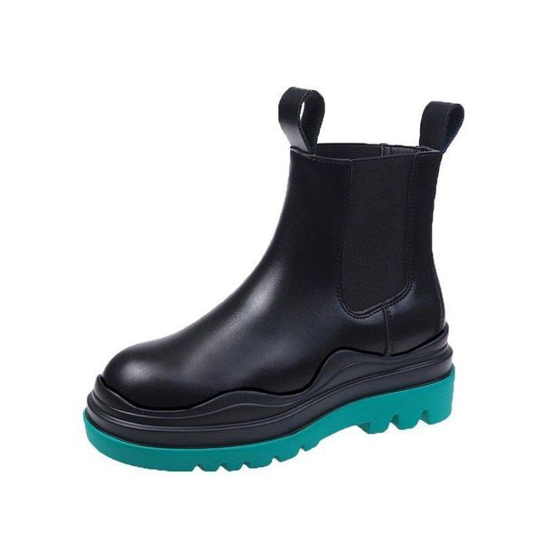 

2021 solid leather ankle boots for women shoes autumn winter colorful slip on square platform plus size3, Black