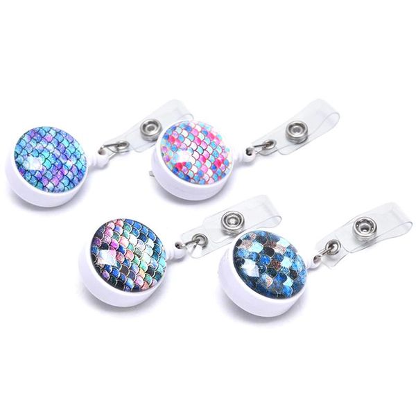 

keychains badge reel retractable keychain mermaid scales pattern ic identification card pass id holder keyring key chain, Silver