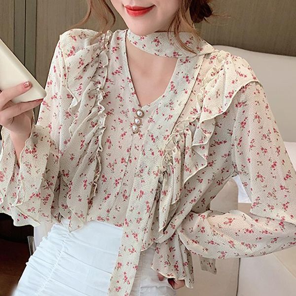 

long sleeve ruffles bow v-neck print chiffon blouse shirt blusa women blusas mujer de moda 2021 clothing d832 women's blouses & shirts, White