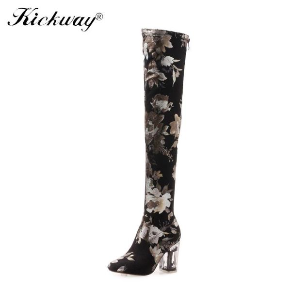 

boots kickway women pointed toe autumn over the knee female slip on fashion print stretch plus size shoes ladies high heels, Black