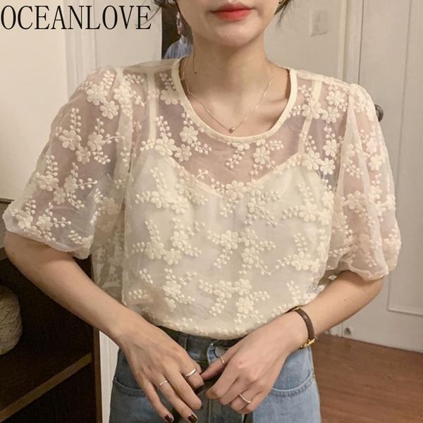 

women's blouses & shirts oceanlove lace women 2 pcs korean office lady embroidery sweet elegant vintage summer blusas mujer 17411, White