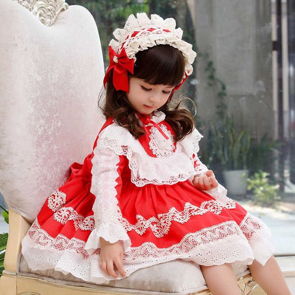 Bambini Abiti rossi spagnoli per ragazze Eid Abiti da festa di compleanno Toddler Infant manica lunga Lotia Ball Gowns Spagna Boutique 210615