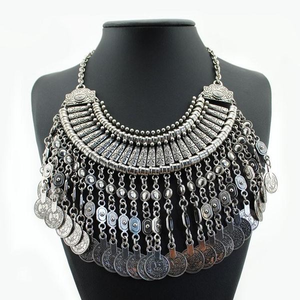 

boho antique coin necklace for women african statement long tassel necklaces & pendants maxi jewelry chokers, Golden;silver