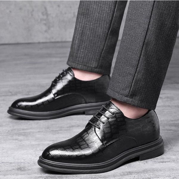 

dress shoes genuine leather mens 6/8cm high heels man lace up breathable oxfords formal retro mans elevator quality, Black