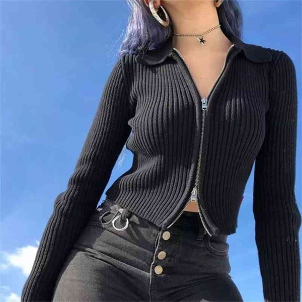 

zip up streetwear cropped knitted sweaters sequin long sleeve front zipper black harajuku cardigan winter clothes, White;black