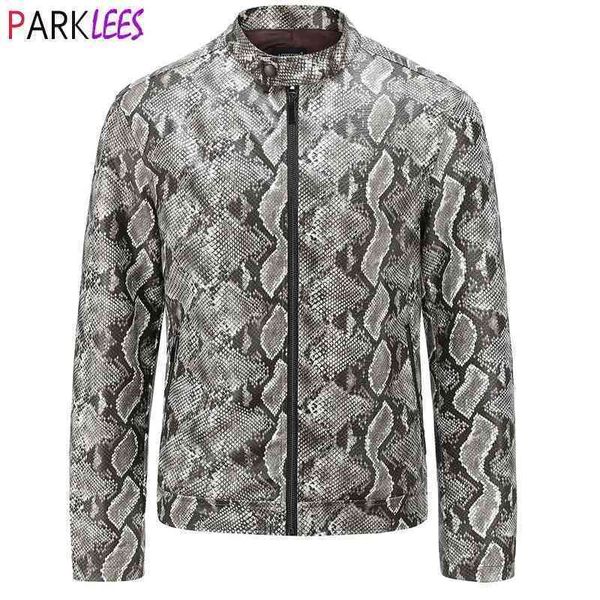 Sexy Snake Pattern PU Jaqueta de Couro de Couro Homens Carrinho Collar Motocicleta Motocicleta Motocicleta De Couro Mens Jaquetas Casacos Chaquetas Hombre 210522