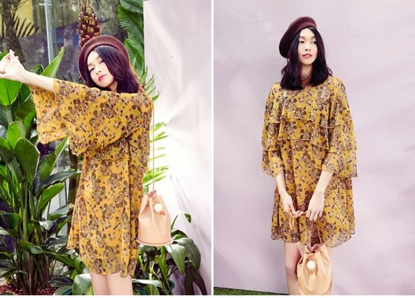 

dresses women floral print es autumn elegant french style vintage ruffle trimming small high neck casual mini clothing, Black;gray