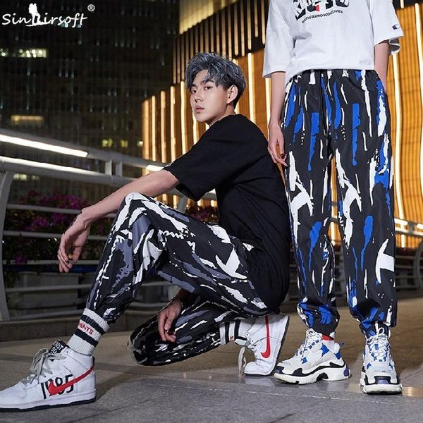 

men's pants tie dye drawstring waist full length pencil men high street colorful printed hip hop style trousers loose summer fashion, Black