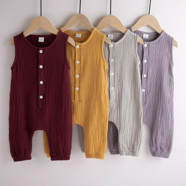 

jumpsuits cotton linen casual born kids baby rompers girls boys solid button up sleeveless outfits toddler clothes, Blue