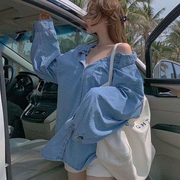 

women's blouses & shirts casual ladies summer 2021 vintage denim lacing backless belt hollow long-sleeved blouse loose women clothing, White