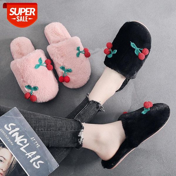 

autumn and winter simple cute cherry plush thickening home non-slip warm baotou can be worn outside fashionable cotton slippers #mw4b, Black