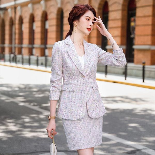 

two piece dress temperament women's suit pants two-piece professional wear autumn and winter plaid ladies jacket casual skirt high qual, White